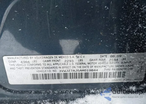 2010 Volkswagen Jetta S из США, поврежденный, VIN 3VWJZ7AJ5AM019844